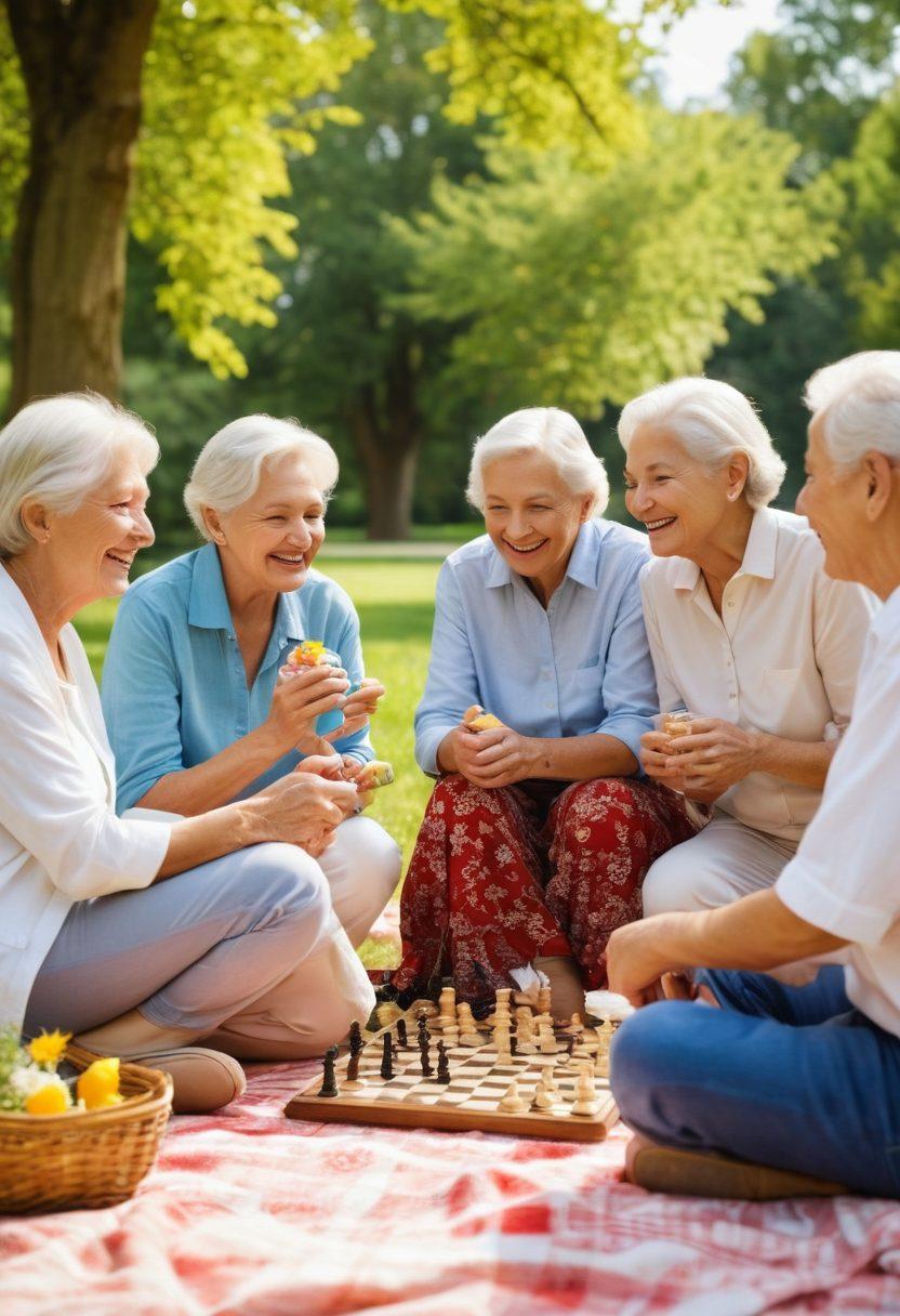 A warm and inviting scene of a diverse group of seniors enjoying a picnic in a sunny park, engaging in heartfelt conversations and laughter. Include elements like a chess game, a cozy blanket with snacks, and blooming flowers around them. The atmosphere conveys joy, companionship, and romance, highlighting the beauty of fulfilling relationships in later life. super-realistic. vibrant colors. natural setting.