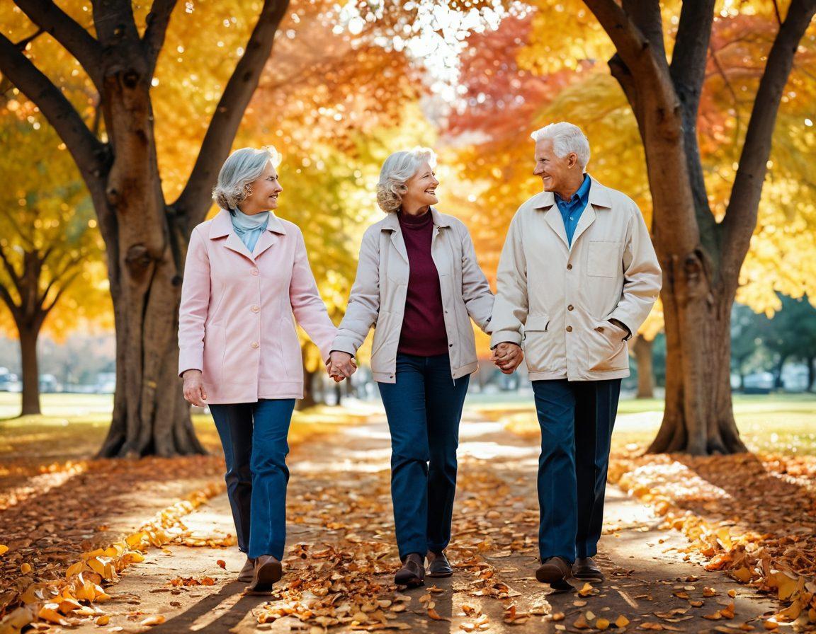 A warm and inviting scene depicting an older couple holding hands, smiling lovingly at each other in a cozy park setting with autumn leaves around them. Soft sunlight filters through the trees, creating a dreamy atmosphere, while subtle symbols of romance, like hearts or flowers, are scattered in the background. The couple should reflect diversity in age and ethnicity, embodying the theme of love and intimacy in later years. pastel colors. super-realistic. warm lighting.