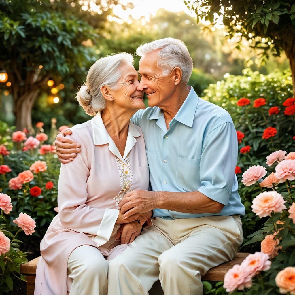 A serene and intimate setting featuring an elderly couple joyfully embracing, surrounded by soft, warm lighting. The background showcases a lush garden with blooming flowers symbolizing love and growth. Include elements representing sexual health, like subtle heart shapes or wellness symbols, gently integrated into the scene. The couple's expressions radiate affection and warmth, encapsulating romance in maturity. soft focus. warm colors. 3D.
